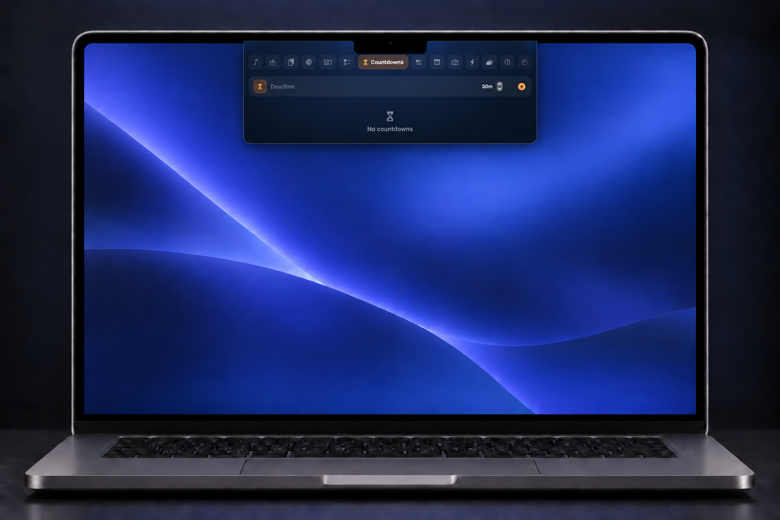 SuperNotch Countdowns tool open on a MacBook